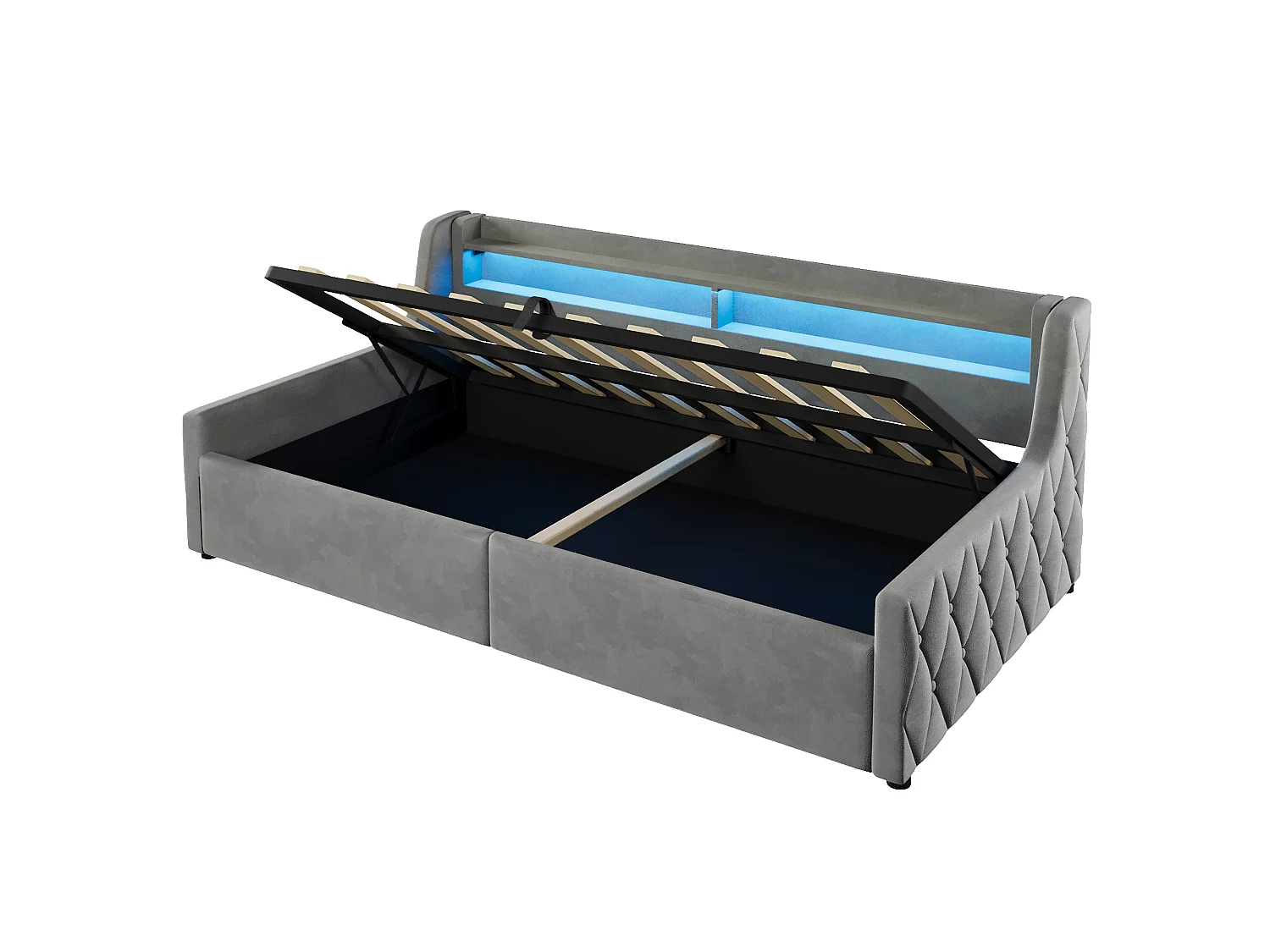 90 x 200 cm storage bed with LED headboard - Flannel and MDF - Grey (mattress not included)