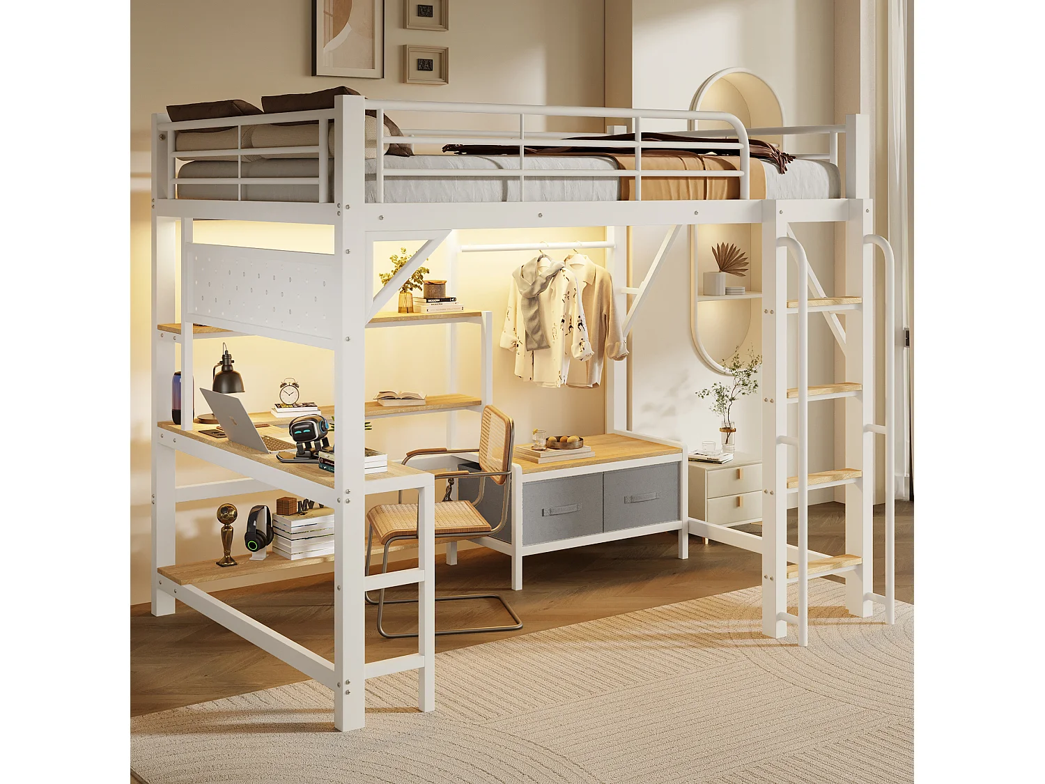 Lit mezzanine 140 x 200 cm avec bureau, étagères, penderie et panneau perforé – Métal et MDF – LED + USB – Blanc (Sans matelas)