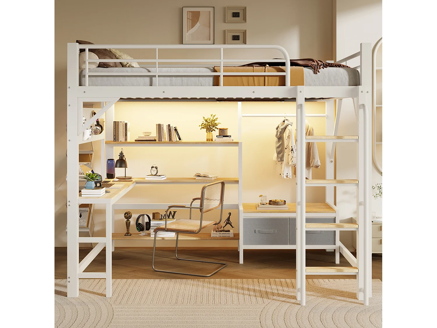 Lit mezzanine 140 x 200 cm avec bureau, étagères, penderie et panneau perforé – Métal et MDF – LED + USB – Blanc (Sans matelas)