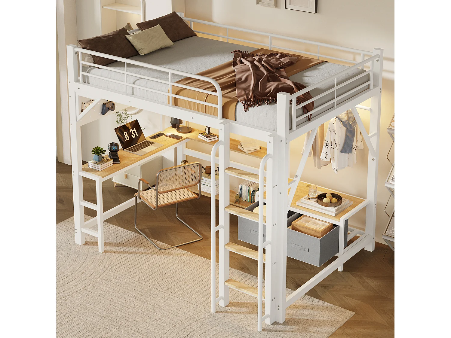 Lit mezzanine 140 x 200 cm avec bureau, étagères, penderie et panneau perforé – Métal et MDF – LED + USB – Blanc (Sans matelas)