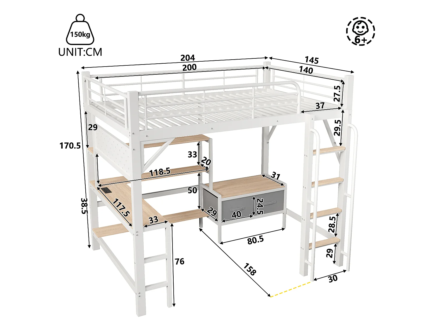 Lit mezzanine 140 x 200 cm avec bureau, étagères, penderie et panneau perforé – Métal et MDF – LED + USB – Blanc (Sans matelas)