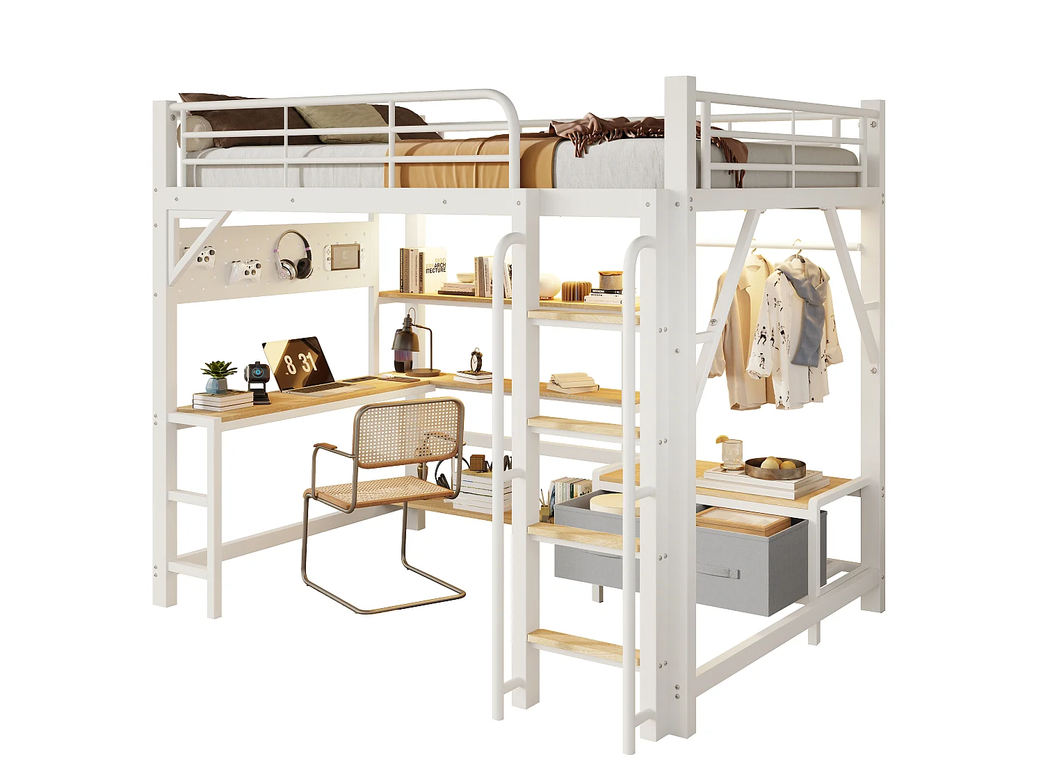 Lit mezzanine 140 x 200 cm avec bureau, étagères, penderie et panneau perforé – Métal et MDF – LED + USB – Blanc (Sans matelas)