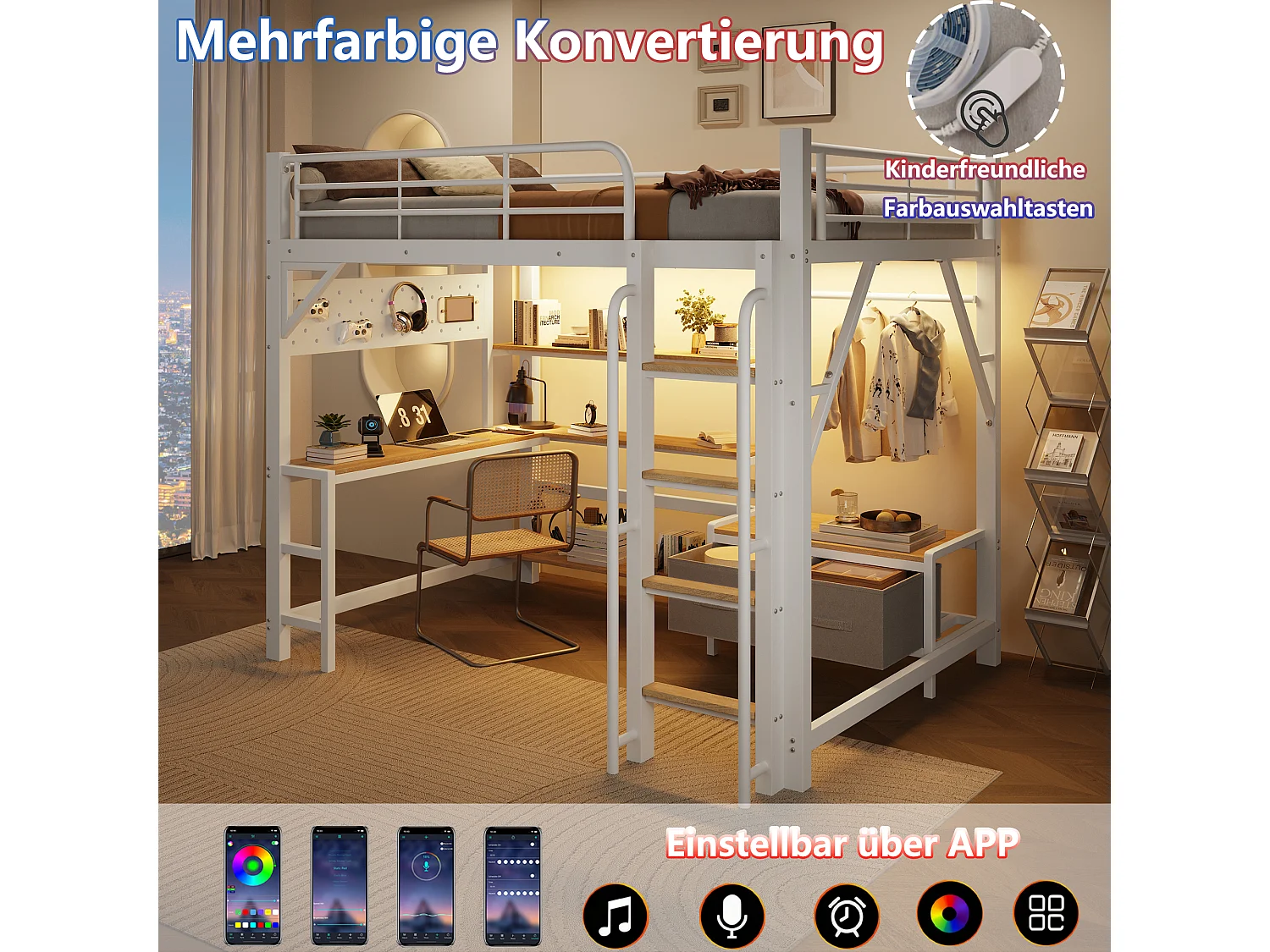 Lit mezzanine 140 x 200 cm avec bureau, étagères, penderie et panneau perforé – Métal et MDF – LED + USB – Blanc (Sans matelas)