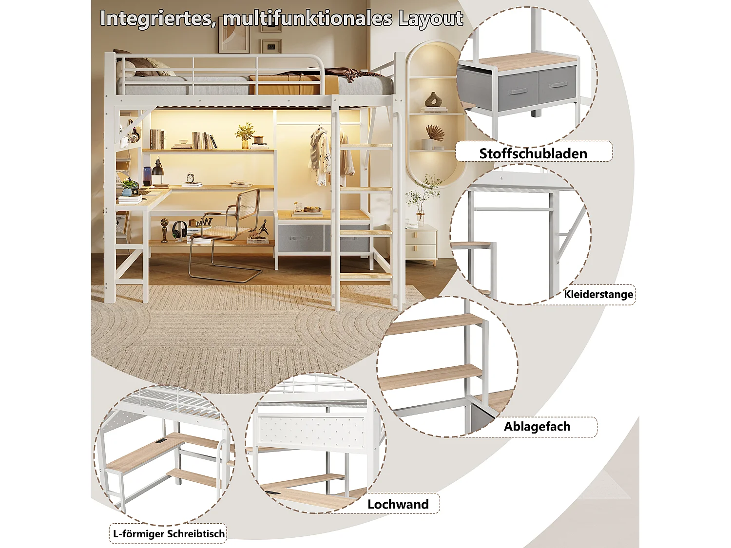 Lit mezzanine 140 x 200 cm avec bureau, étagères, penderie et panneau perforé – Métal et MDF – LED + USB – Blanc (Sans matelas)