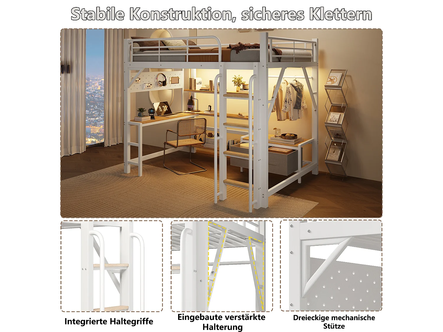 Lit mezzanine 140 x 200 cm avec bureau, étagères, penderie et panneau perforé – Métal et MDF – LED + USB – Blanc (Sans matelas)
