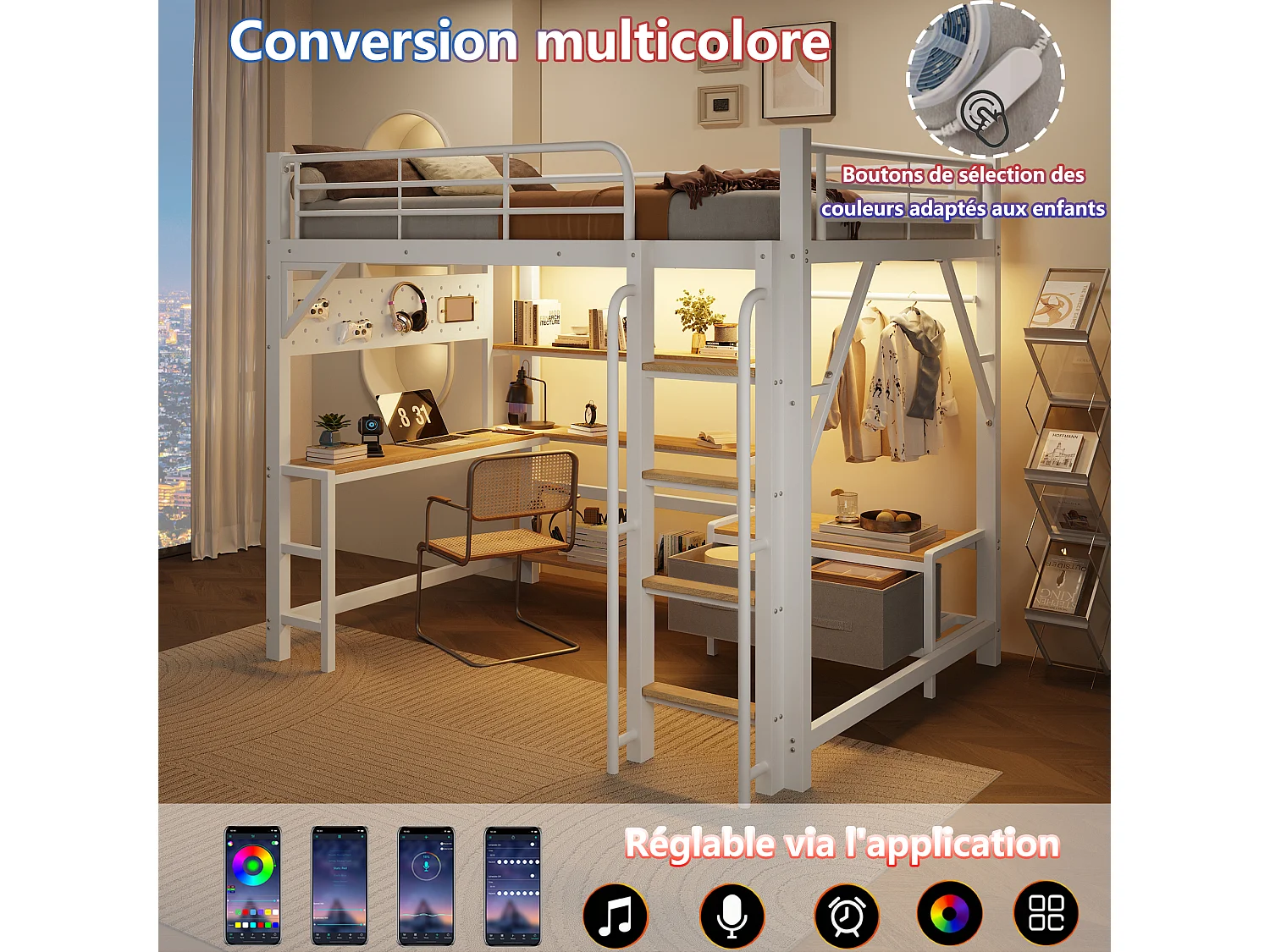 Lit mezzanine 140 x 200 cm avec bureau, étagères, penderie et panneau perforé – Métal et MDF – LED + USB – Blanc (Sans matelas)