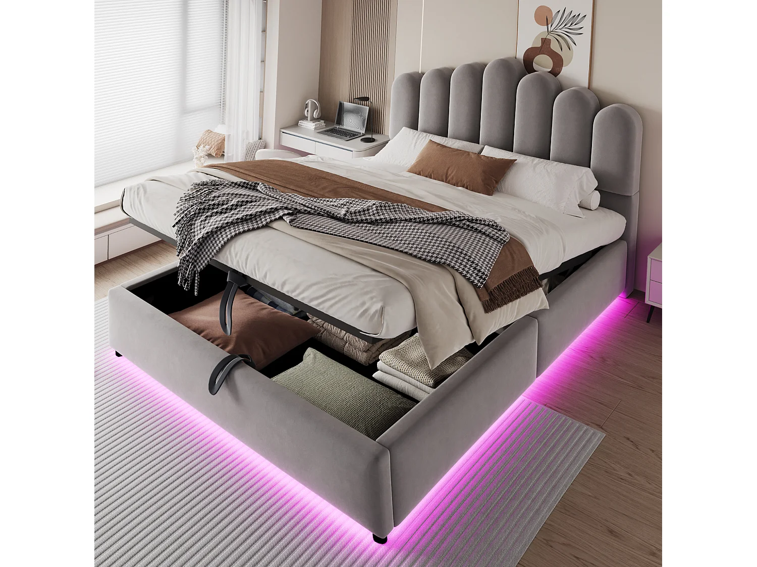 Lit coffre 140 x 200 cm avec coffre de rangement hydraulique et LED - Velours + MDF - Gris (Sans matelas)
