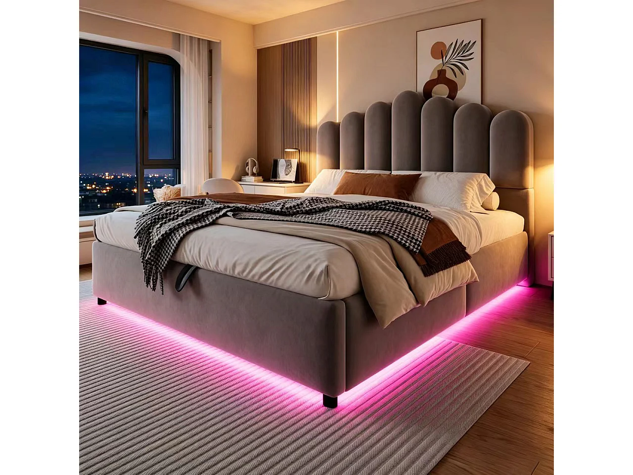 Lit coffre 140 x 200 cm avec coffre de rangement hydraulique et LED - Velours + MDF - Gris (Sans matelas)