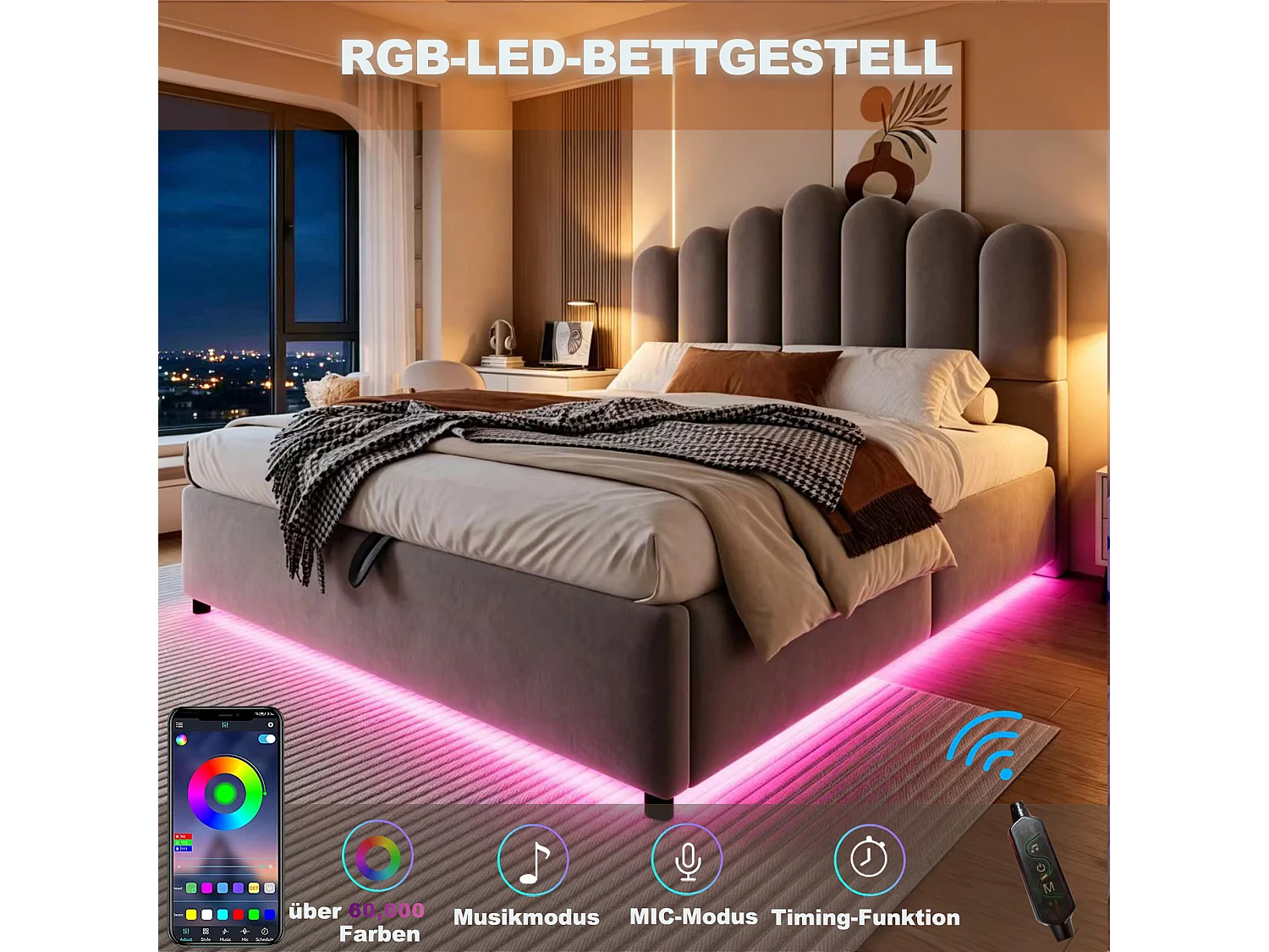 Lit coffre 140 x 200 cm avec coffre de rangement hydraulique et LED - Velours + MDF - Gris (Sans matelas)