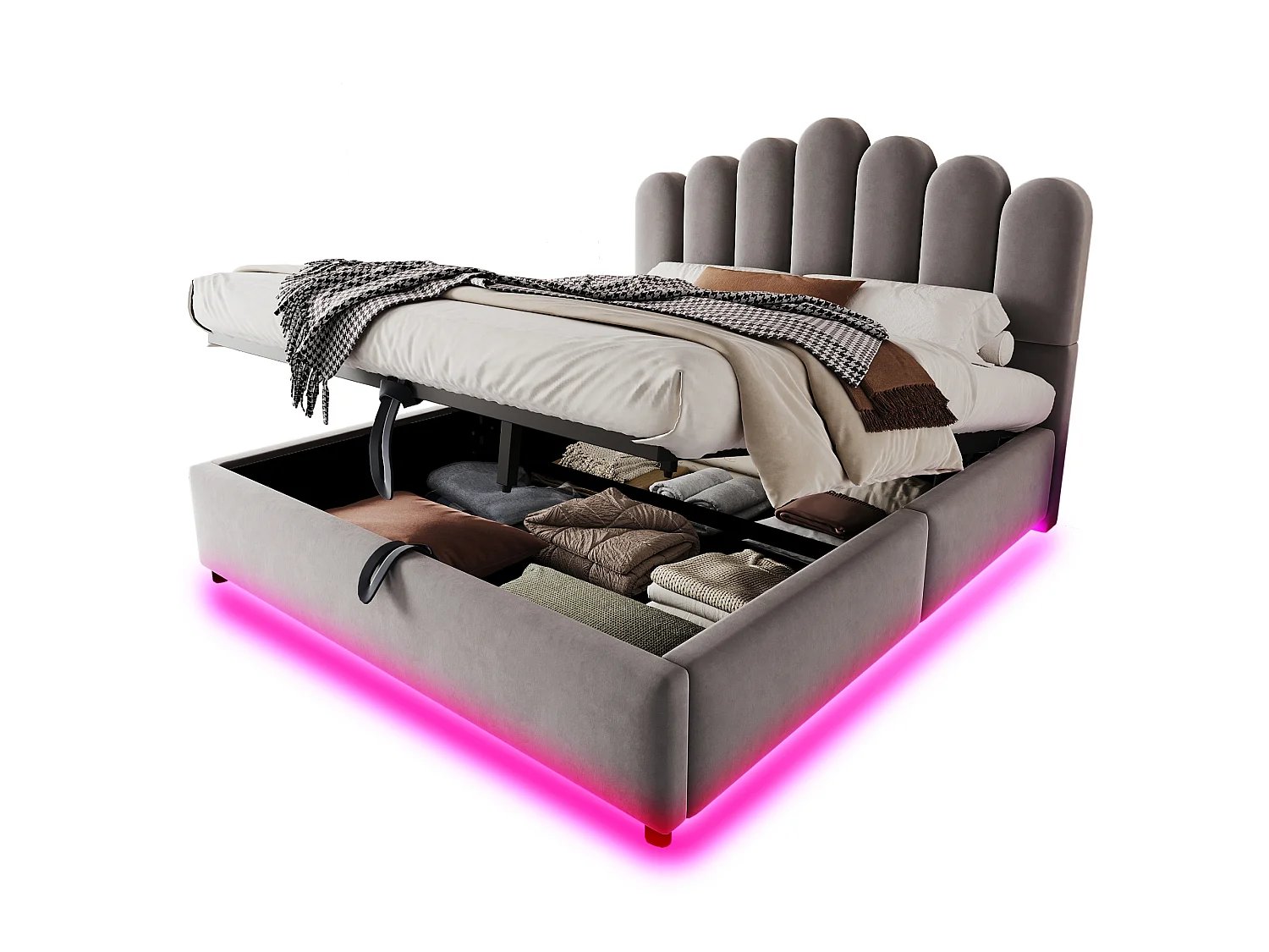 Lit coffre 140 x 200 cm avec coffre de rangement hydraulique et LED - Velours + MDF - Gris (Sans matelas)