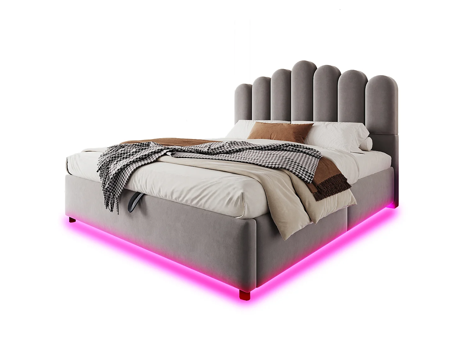 Lit coffre 140 x 200 cm avec coffre de rangement hydraulique et LED - Velours + MDF - Gris (Sans matelas)