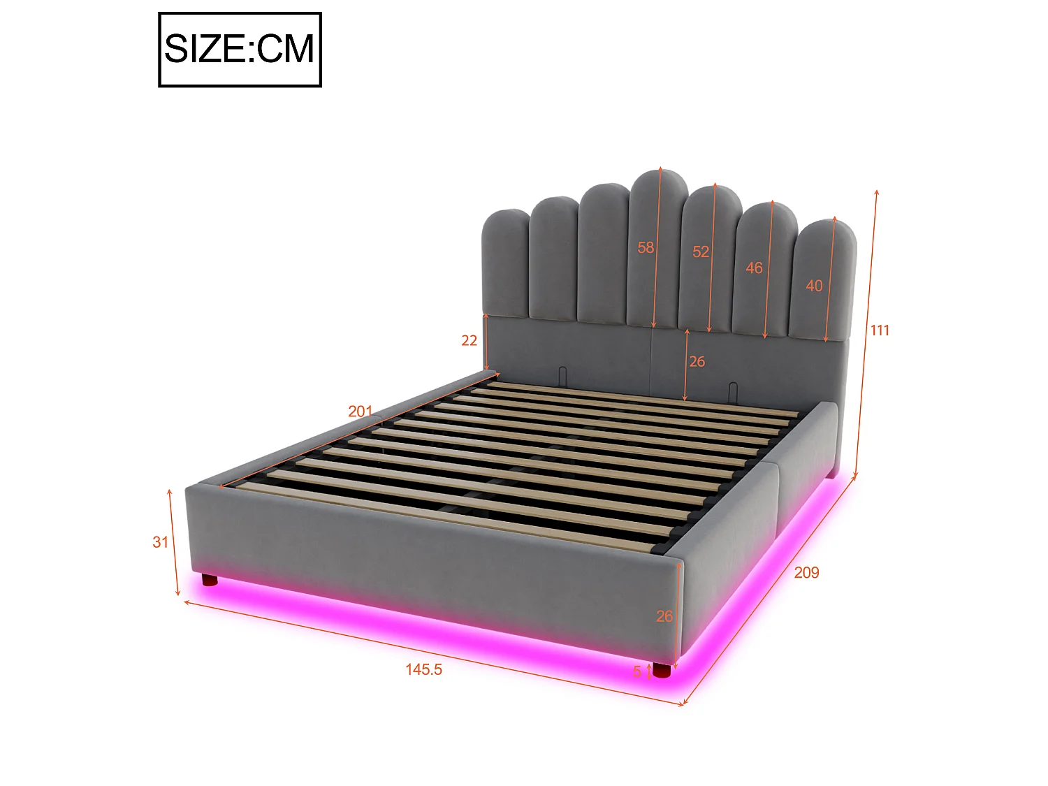 Lit coffre 140 x 200 cm avec coffre de rangement hydraulique et LED - Velours + MDF - Gris (Sans matelas)