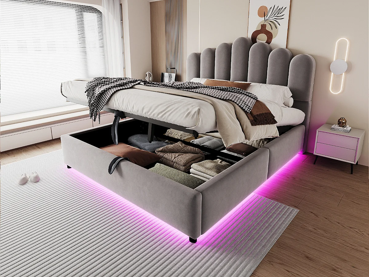 Lit coffre 140 x 200 cm avec coffre de rangement hydraulique et LED - Velours + MDF - Gris (Sans matelas)