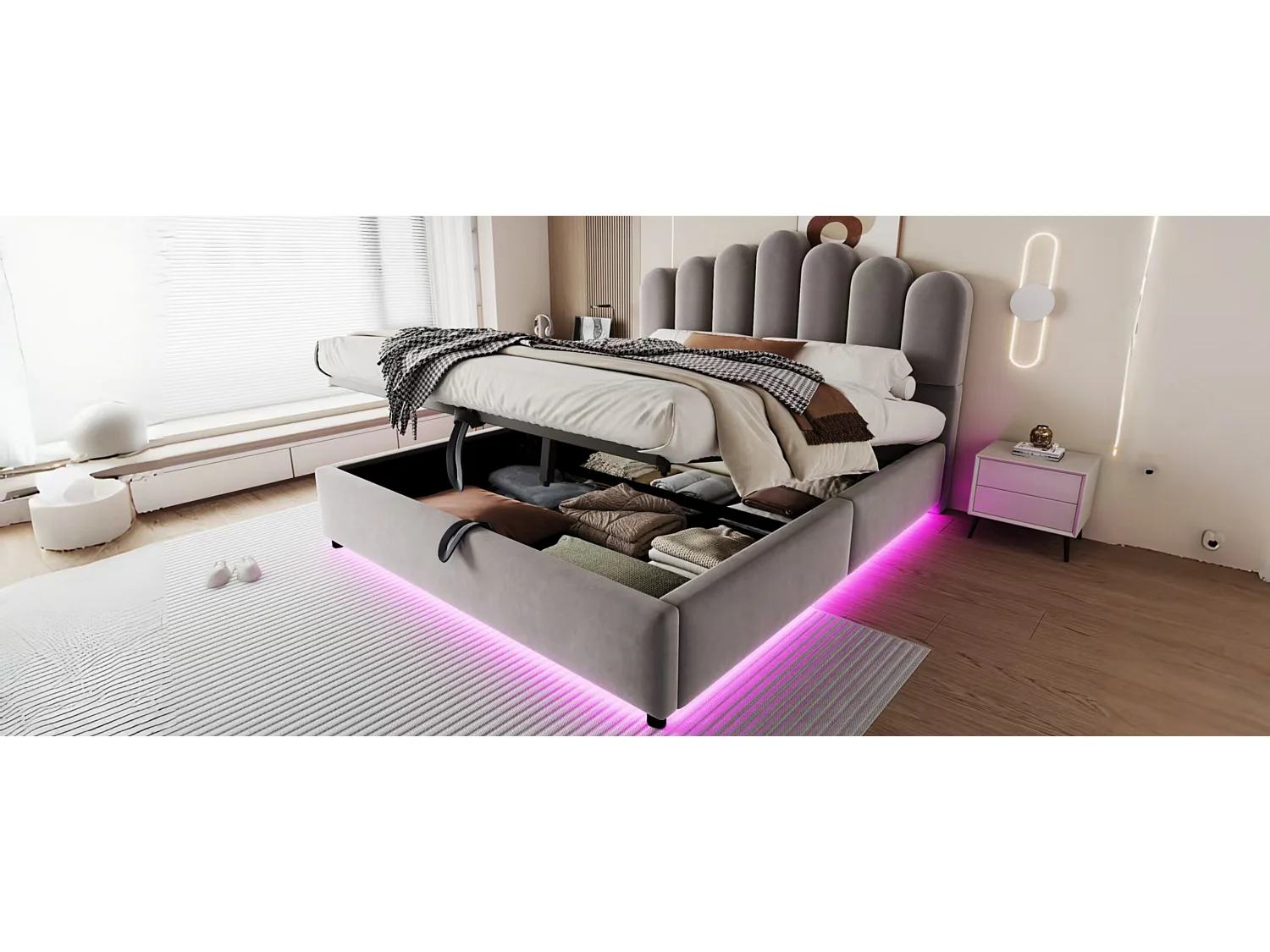 Lit coffre 140 x 200 cm avec coffre de rangement hydraulique et LED - Velours + MDF - Gris (Sans matelas)