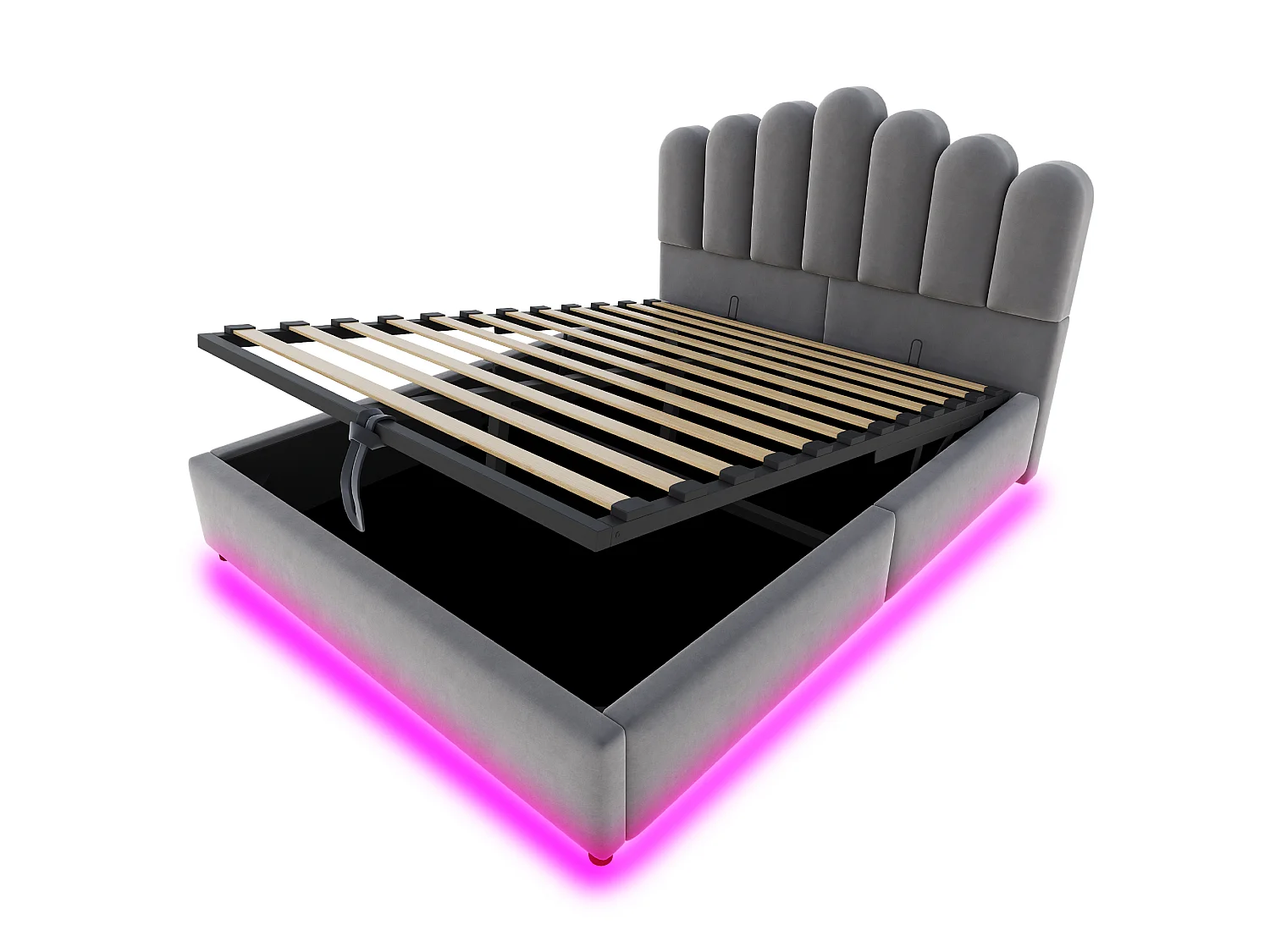 Lit coffre 140 x 200 cm avec coffre de rangement hydraulique et LED - Velours + MDF - Gris (Sans matelas)