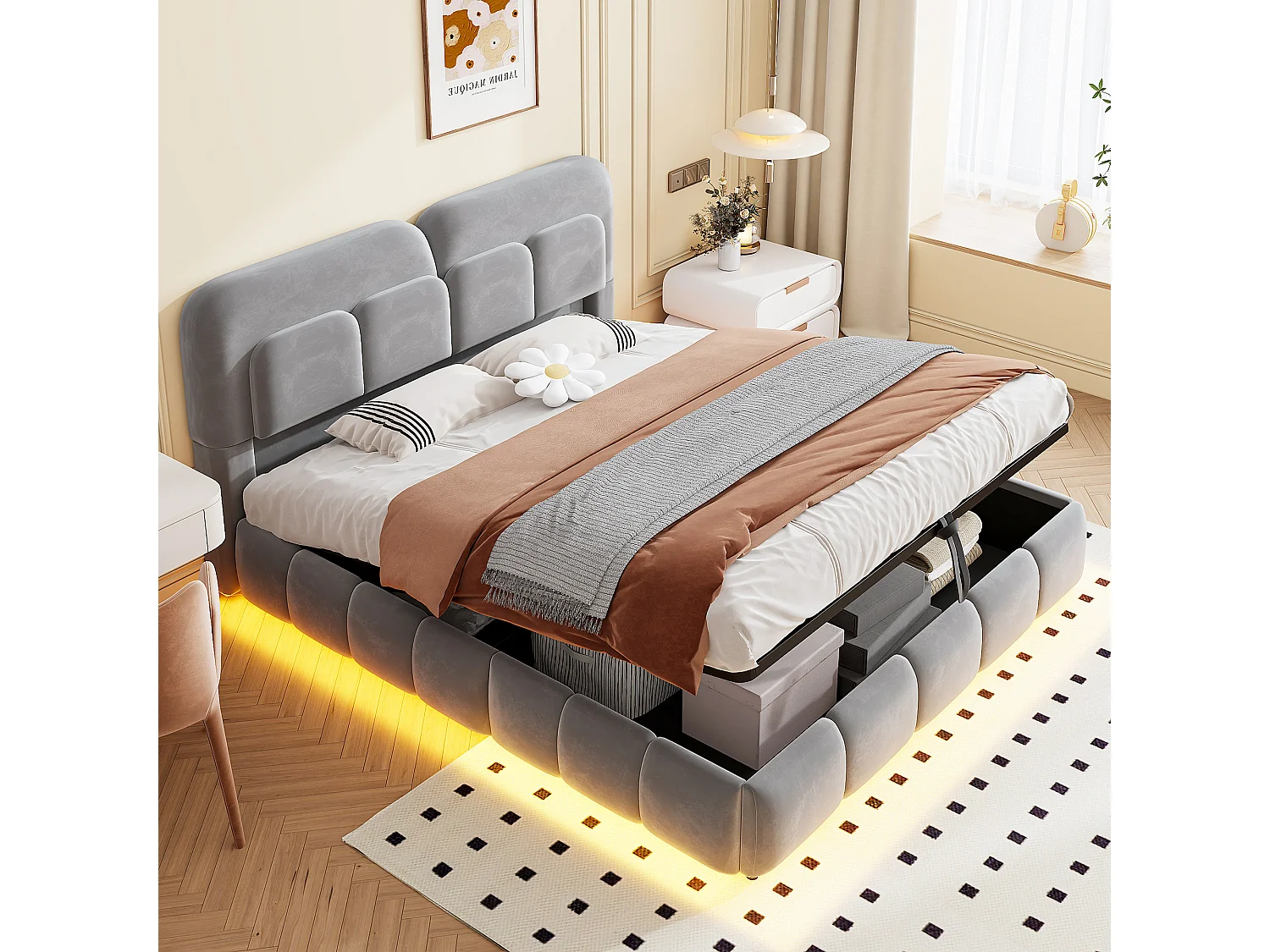Lit coffre 140 x 200 cm avec coffre de rangement hydraulique et LED - Velours + métal - Gris (Sans matelas)