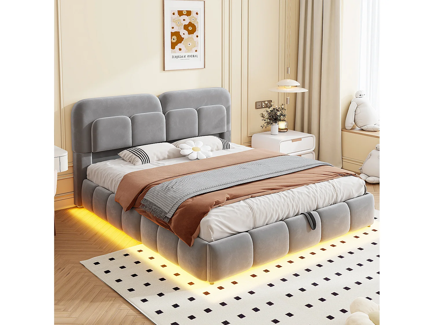 Lit coffre 140 x 200 cm avec coffre de rangement hydraulique et LED - Velours + métal - Gris (Sans matelas)