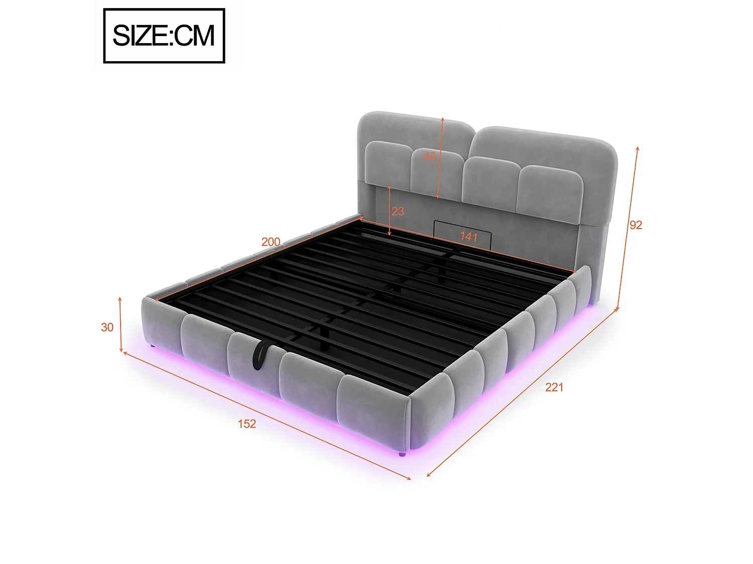 Lit coffre 140 x 200 cm avec coffre de rangement hydraulique et LED - Velours + métal - Gris (Sans matelas)