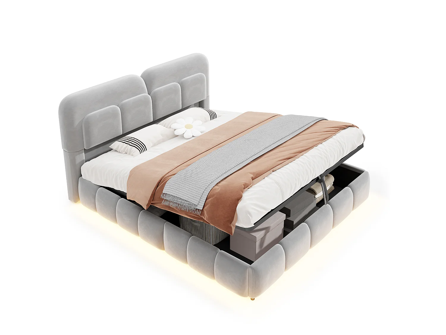 Lit coffre 140 x 200 cm avec coffre de rangement hydraulique et LED - Velours + métal - Gris (Sans matelas)