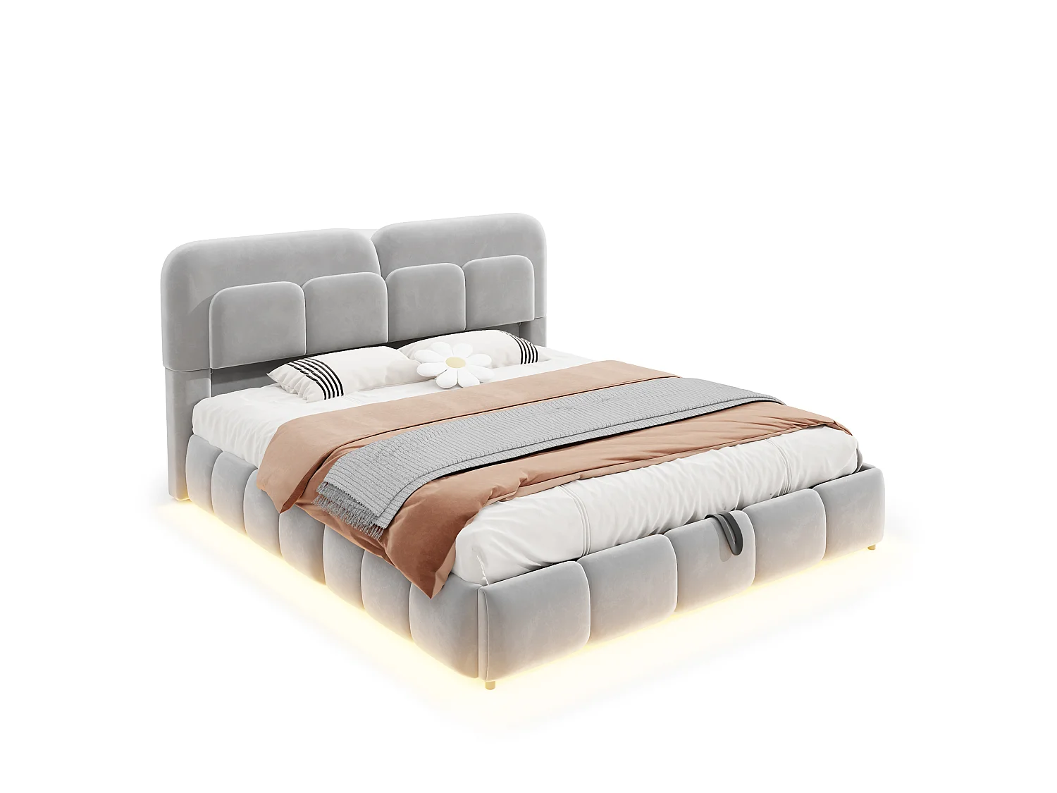 Lit coffre 140 x 200 cm avec coffre de rangement hydraulique et LED - Velours + métal - Gris (Sans matelas)