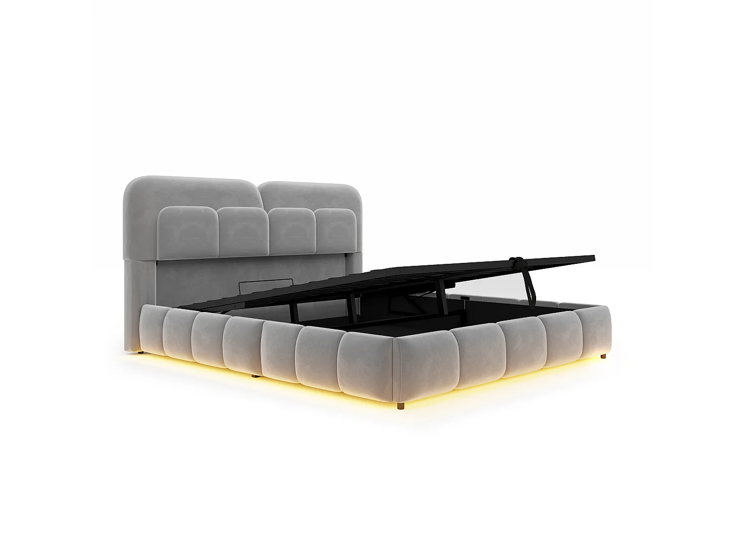 Lit coffre 140 x 200 cm avec coffre de rangement hydraulique et LED - Velours + métal - Gris (Sans matelas)