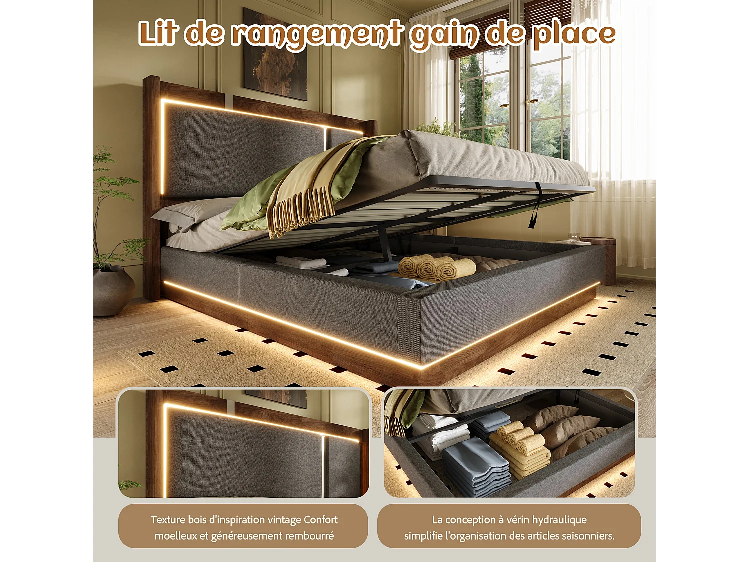 Lit coffre 160 x 200 cm avec LED RGB, rangement hydraulique, tête de lit capitonnée en lin et sommier à lattes - Gris (Sans matelas)
