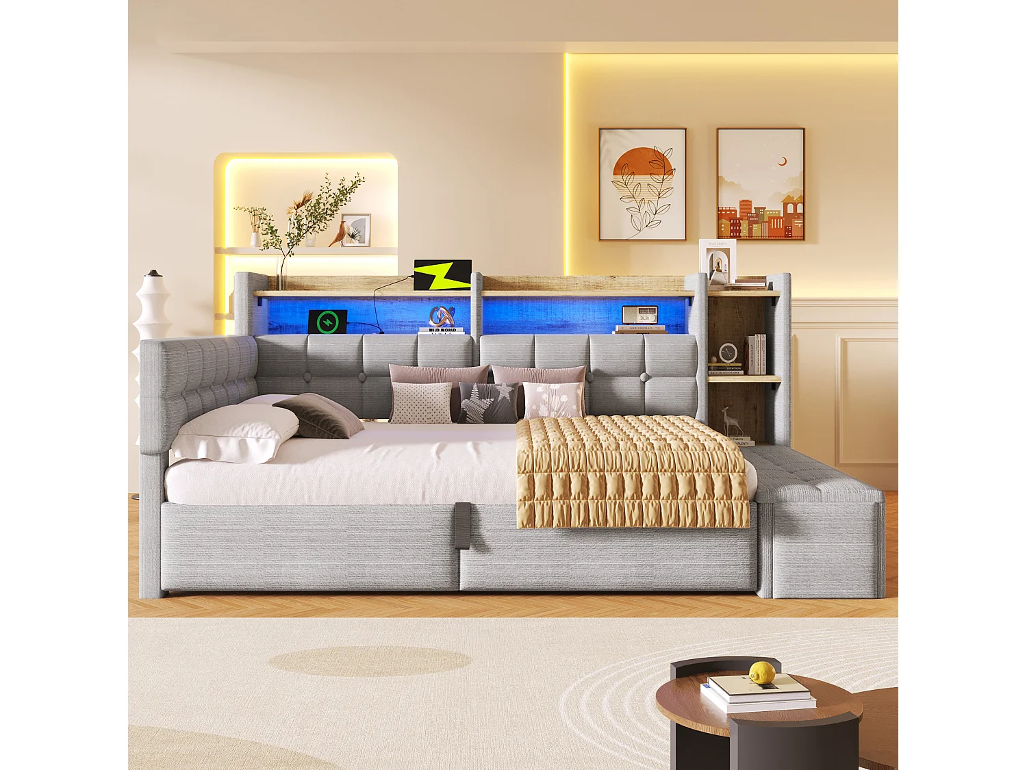 140 x 200 cm storage bed with compartment shelf, storage bench, LED, USB and Type-C - Velvet and MDF - Grey (Mattress not included)