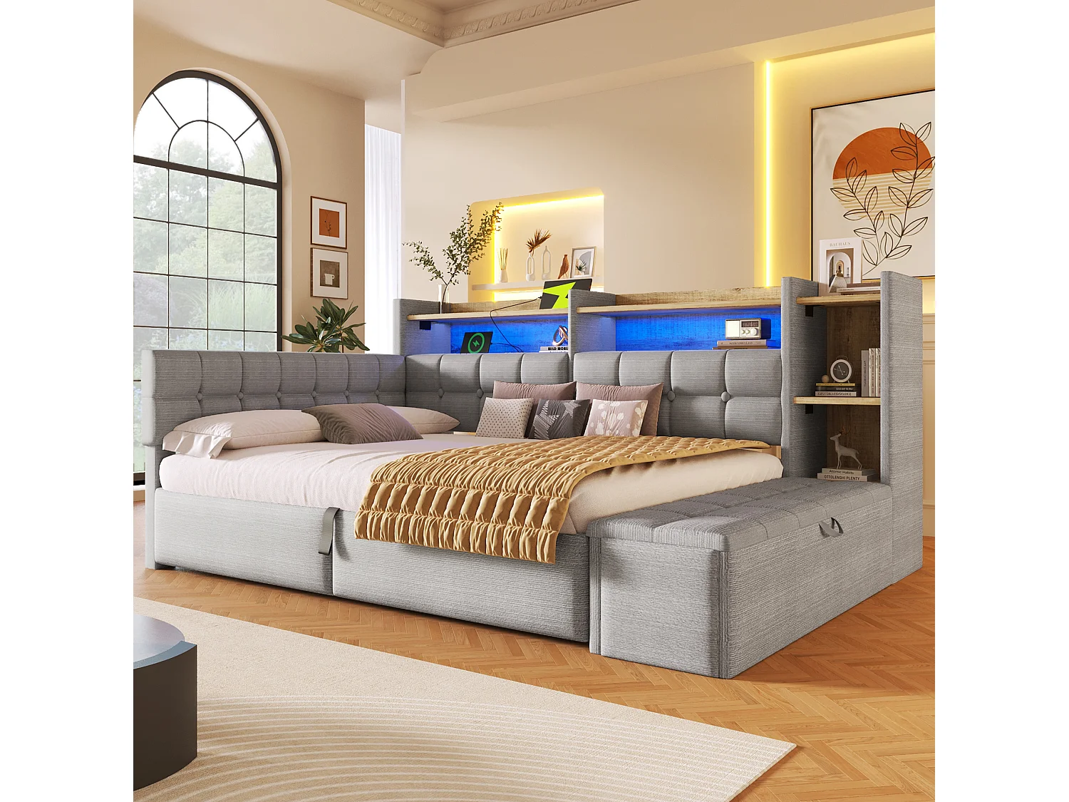 140 x 200 cm storage bed with compartment shelf, storage bench, LED, USB and Type-C - Velvet and MDF - Grey (Mattress not included)