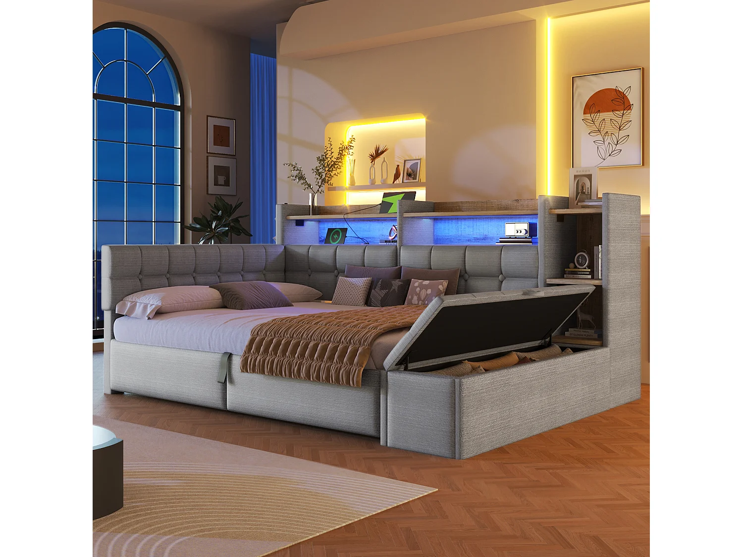 140 x 200 cm storage bed with compartment shelf, storage bench, LED, USB and Type-C - Velvet and MDF - Grey (Mattress not included)