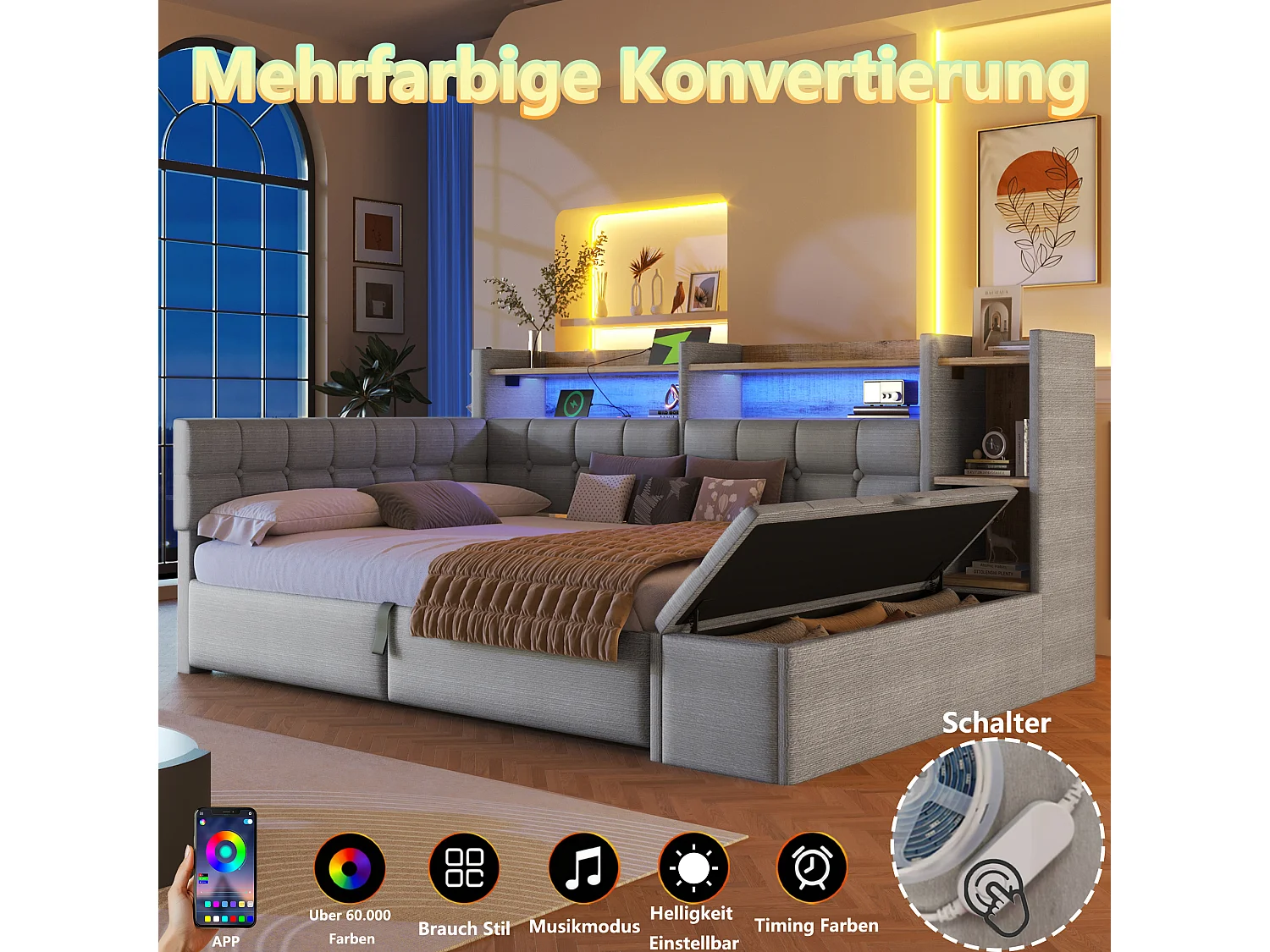 140 x 200 cm storage bed with compartment shelf, storage bench, LED, USB and Type-C - Velvet and MDF - Grey (Mattress not included)