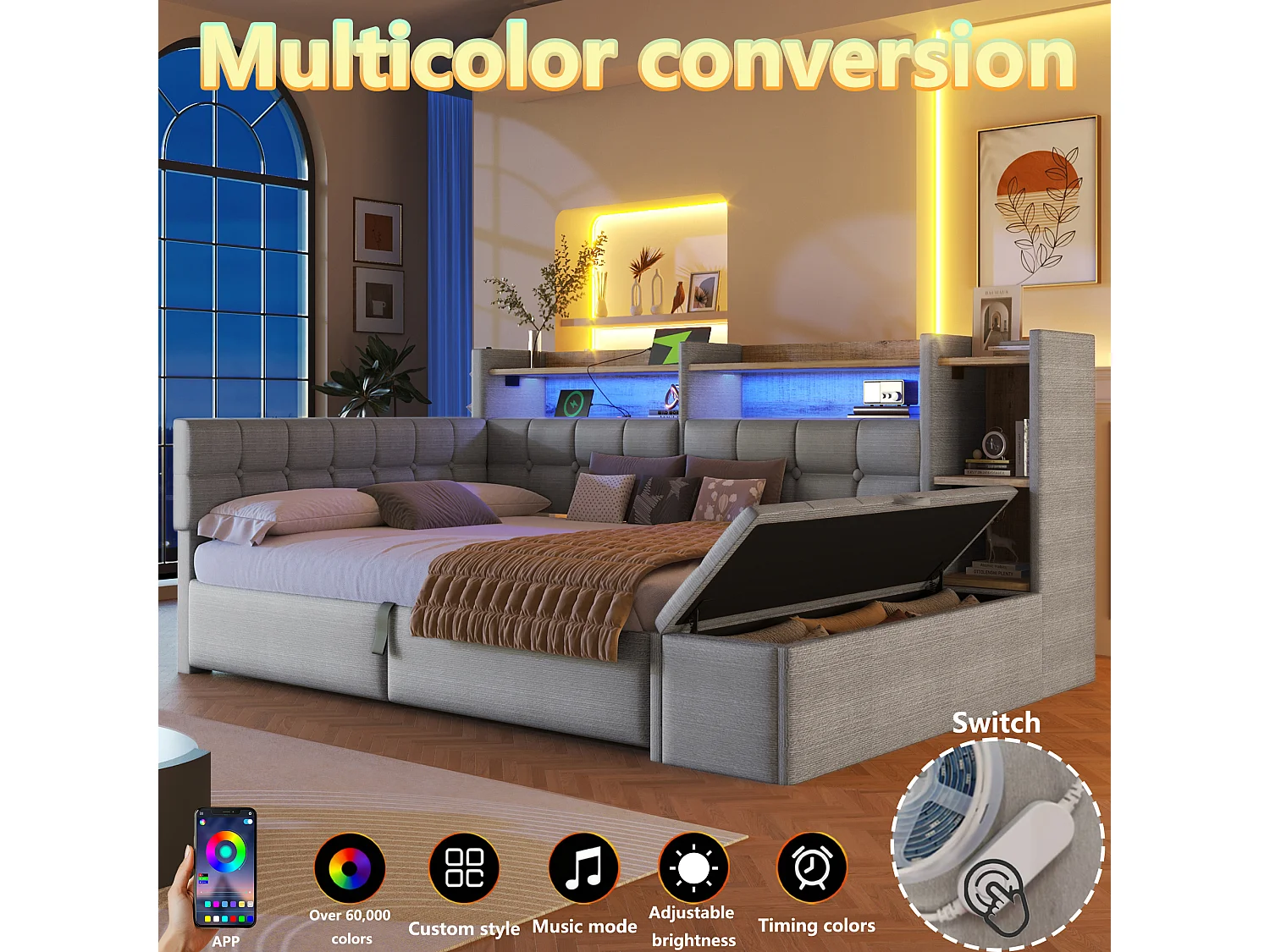 140 x 200 cm storage bed with compartment shelf, storage bench, LED, USB and Type-C - Velvet and MDF - Grey (Mattress not included)