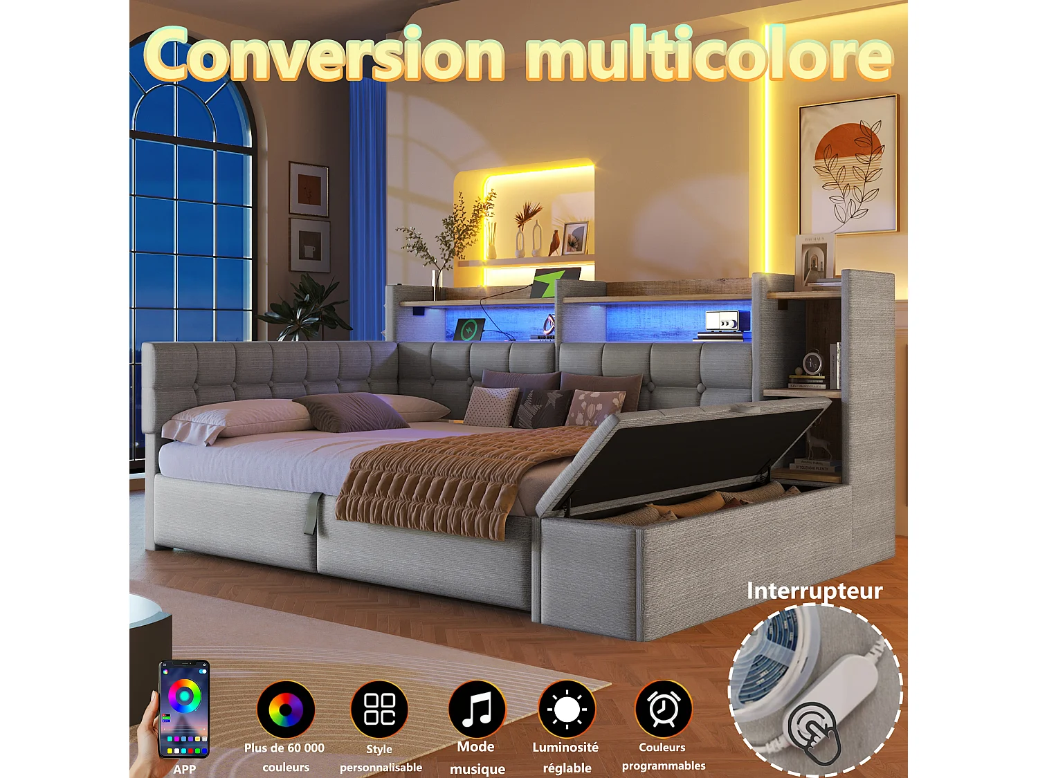 140 x 200 cm storage bed with compartment shelf, storage bench, LED, USB and Type-C - Velvet and MDF - Grey (Mattress not included)