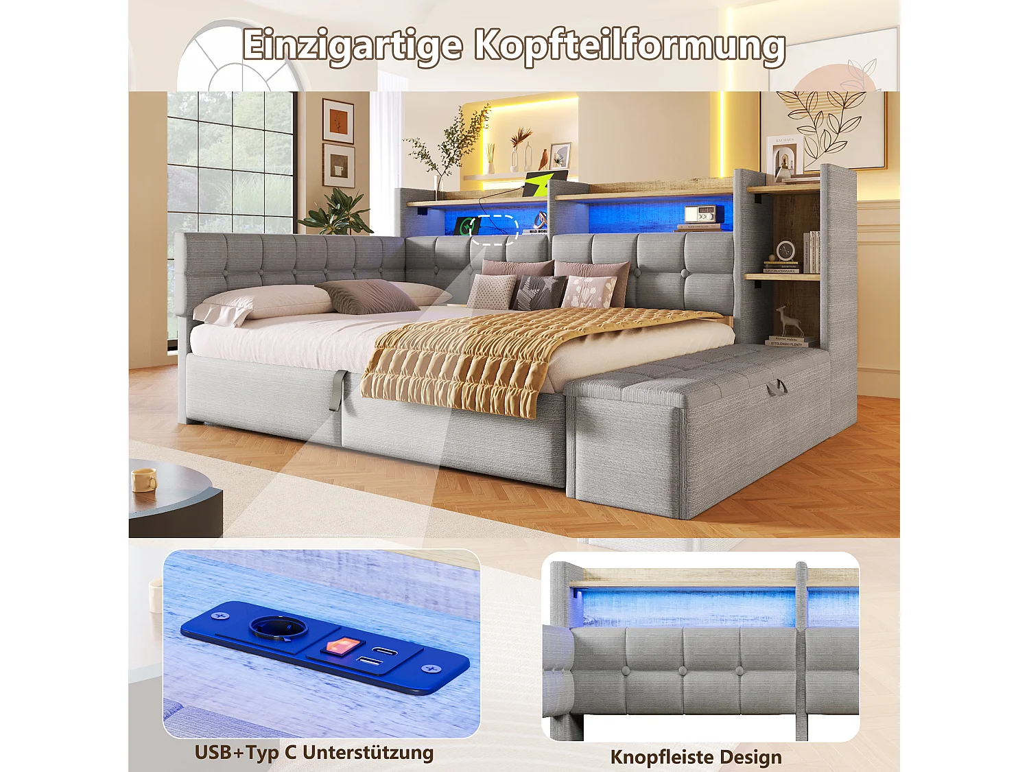 140 x 200 cm storage bed with compartment shelf, storage bench, LED, USB and Type-C - Velvet and MDF - Grey (Mattress not included)