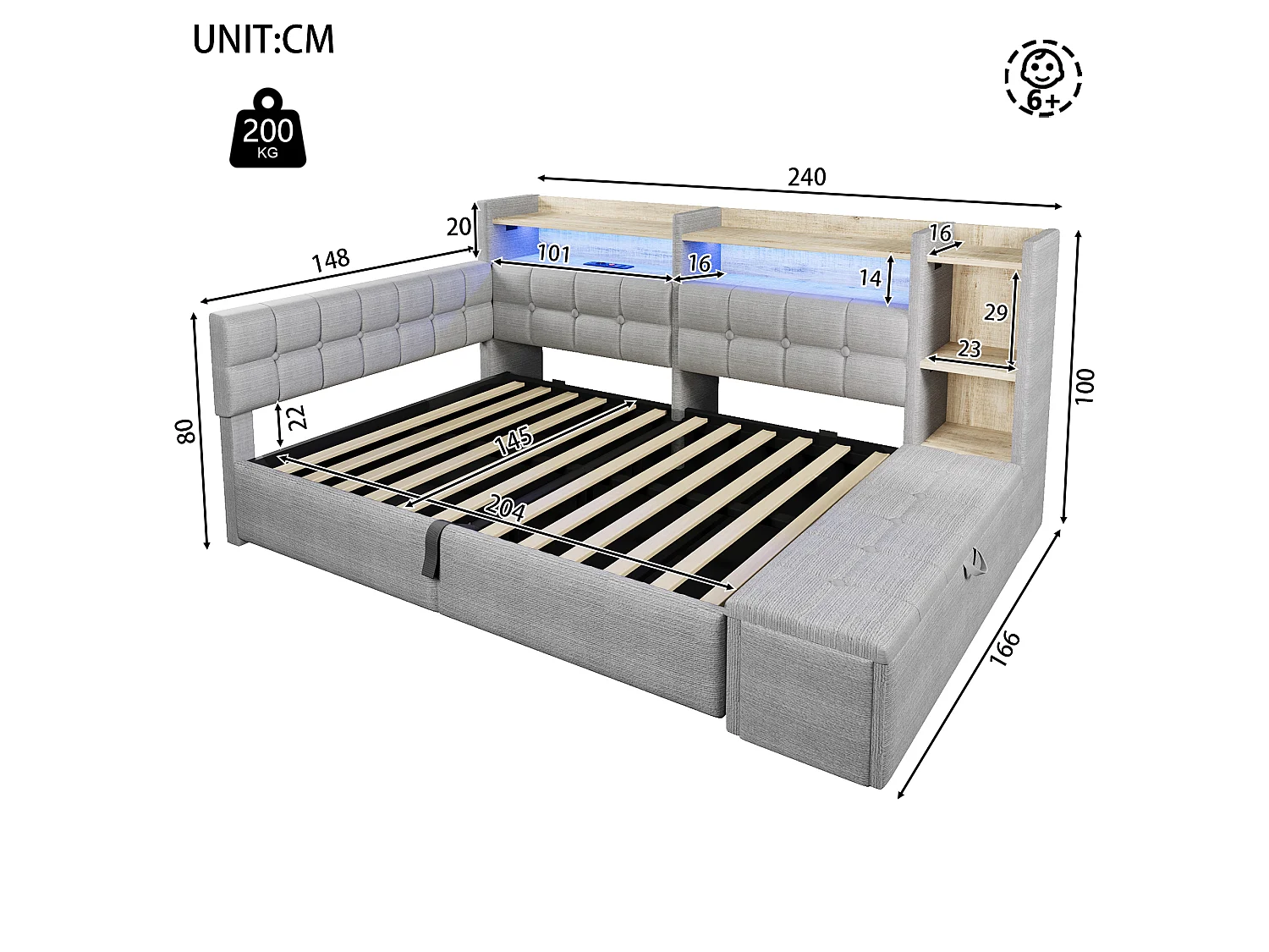140 x 200 cm storage bed with compartment shelf, storage bench, LED, USB and Type-C - Velvet and MDF - Grey (Mattress not included)