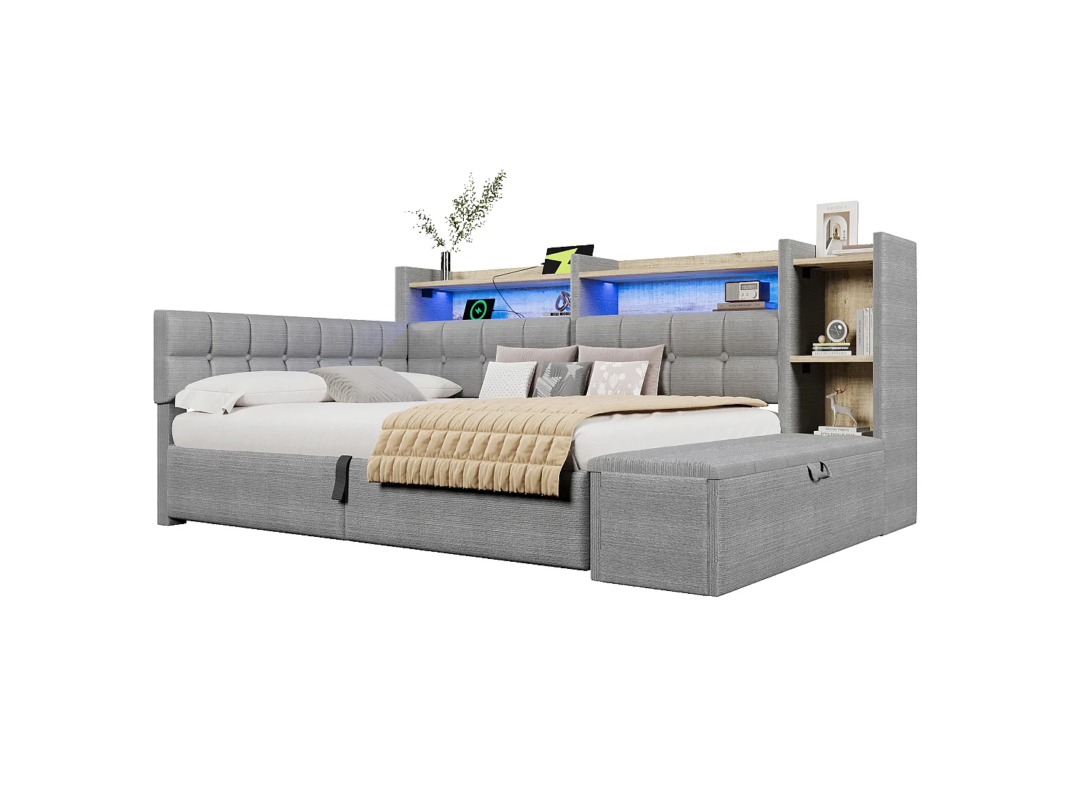 140 x 200 cm storage bed with compartment shelf, storage bench, LED, USB and Type-C - Velvet and MDF - Grey (Mattress not included)