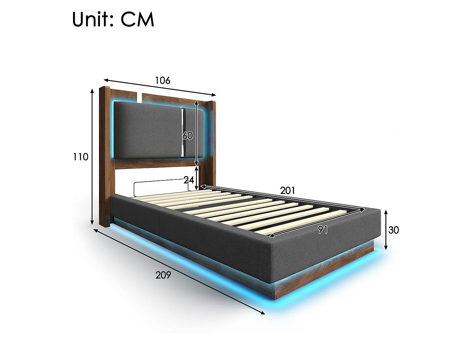 Lit coffre 90 x 200 cm avec LED RGB, rangement hydraulique, tête de lit capitonnée en lin et sommier à lattes - Gris (Sans matelas)