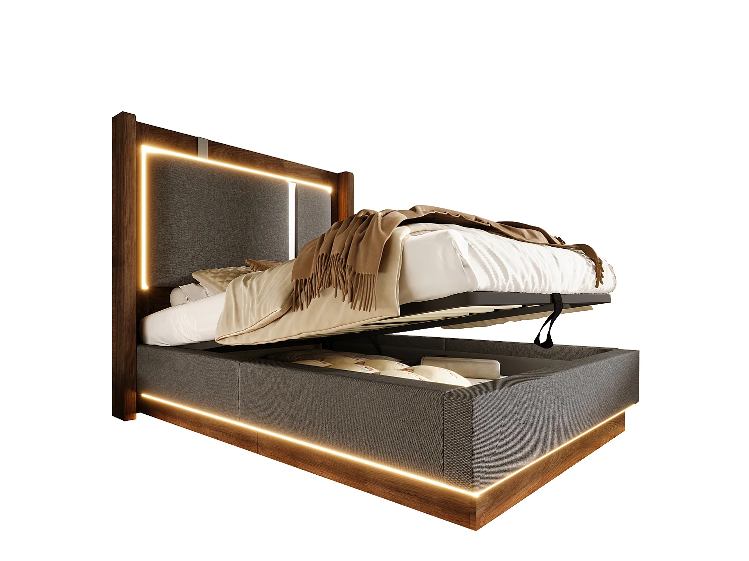 Lit coffre 90 x 200 cm avec LED RGB, rangement hydraulique, tête de lit capitonnée en lin et sommier à lattes - Gris (Sans matelas)