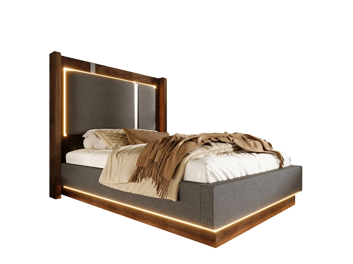 Lit coffre 90 x 200 cm avec LED RGB, rangement hydraulique, tête de lit capitonnée en lin et sommier à lattes - Gris (Sans matelas)