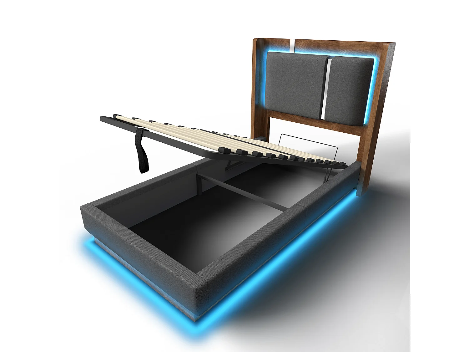 Lit coffre 90 x 200 cm avec LED RGB, rangement hydraulique, tête de lit capitonnée en lin et sommier à lattes - Gris (Sans matelas)