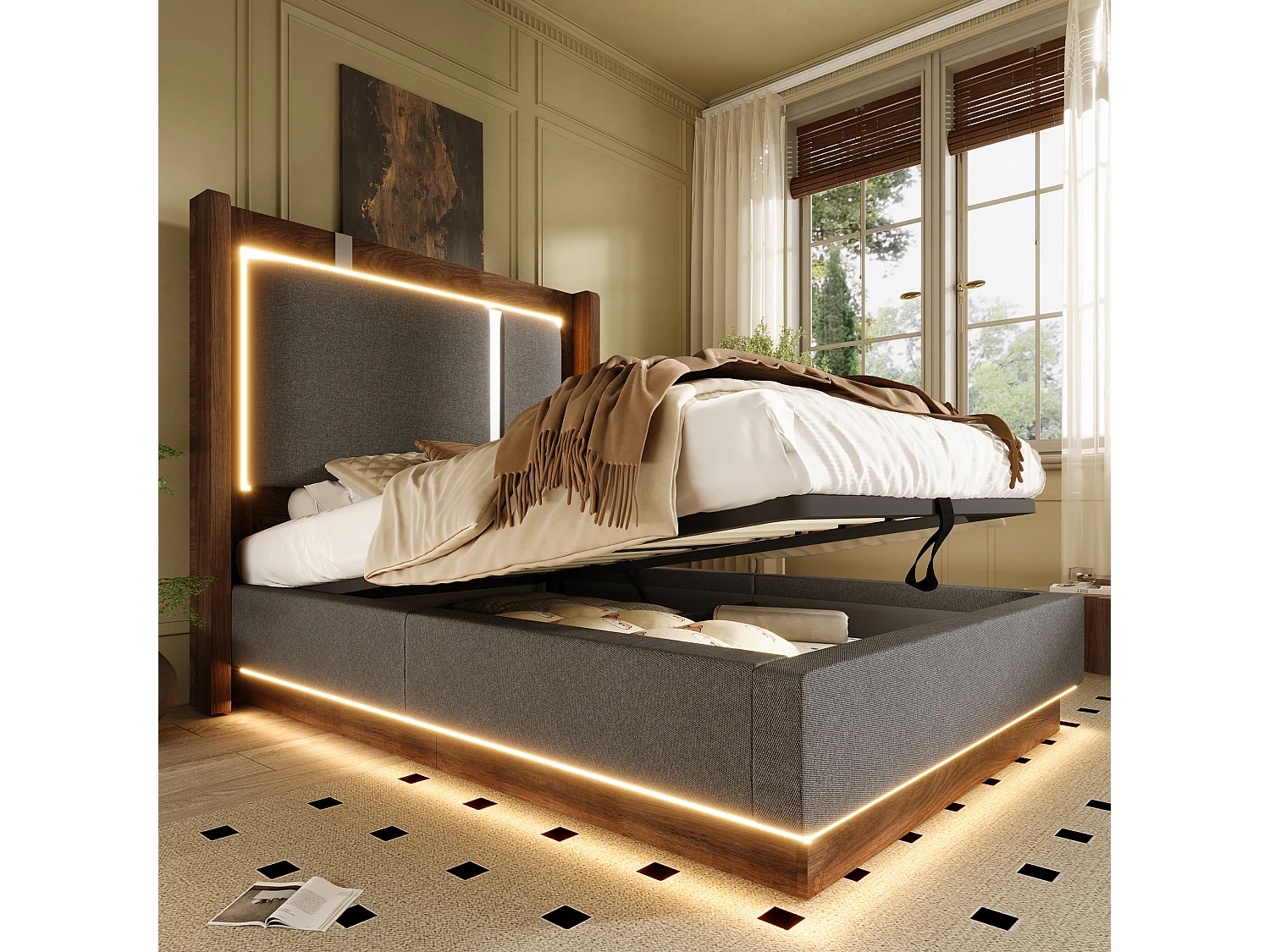 Lit coffre 90 x 200 cm avec LED RGB, rangement hydraulique, tête de lit capitonnée en lin et sommier à lattes - Gris (Sans matelas)
