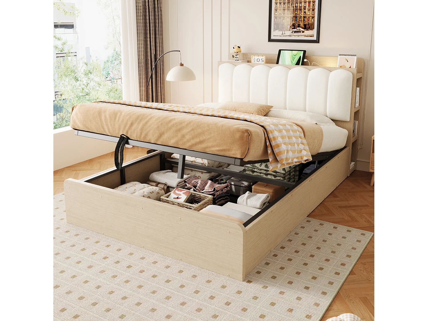 Lit coffre 140 x 200 cm avec tête de lit, étagère, ports USB et veilleuse - Bois + MDF + Velours - Bois naturel (Sans matelas)