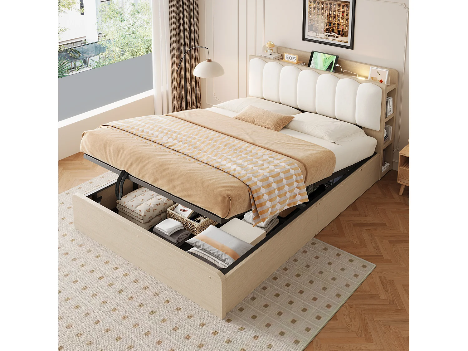 Lit coffre 140 x 200 cm avec tête de lit, étagère, ports USB et veilleuse - Bois + MDF + Velours - Bois naturel (Sans matelas)
