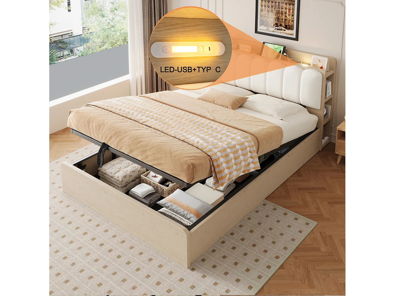 Lit coffre 140 x 200 cm avec tête de lit, étagère, ports USB et veilleuse - Bois + MDF + Velours - Bois naturel (Sans matelas)