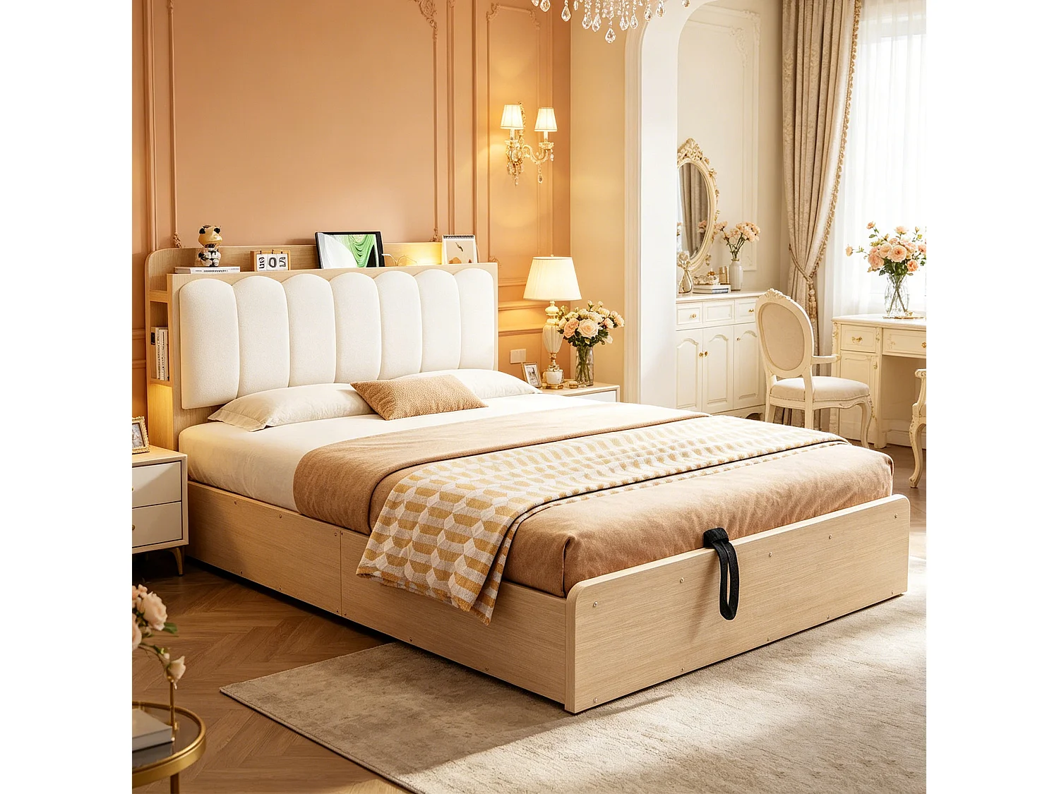 Lit coffre 140 x 200 cm avec tête de lit, étagère, ports USB et veilleuse - Bois + MDF + Velours - Bois naturel (Sans matelas)