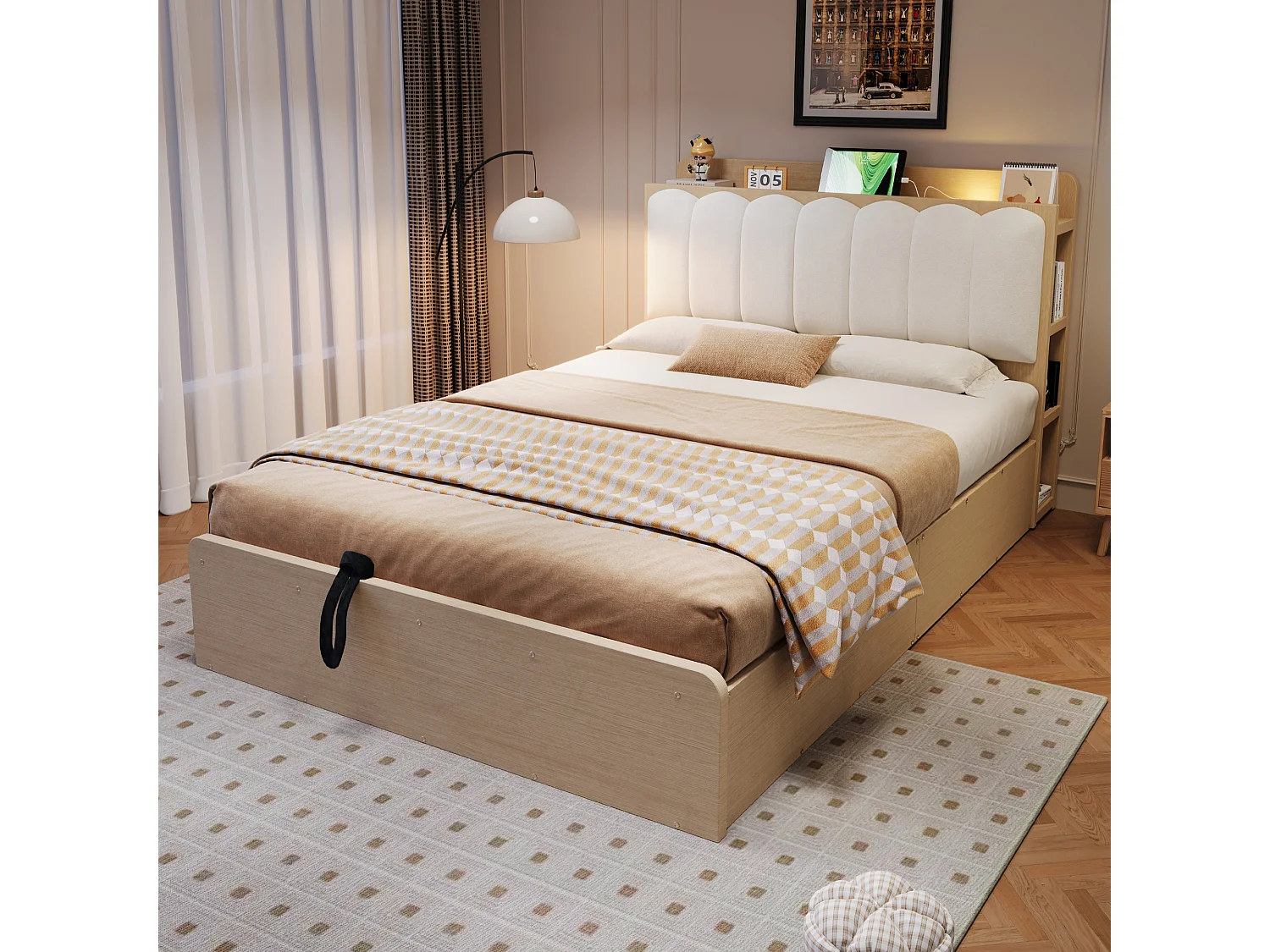 Lit coffre 140 x 200 cm avec tête de lit, étagère, ports USB et veilleuse - Bois + MDF + Velours - Bois naturel (Sans matelas)