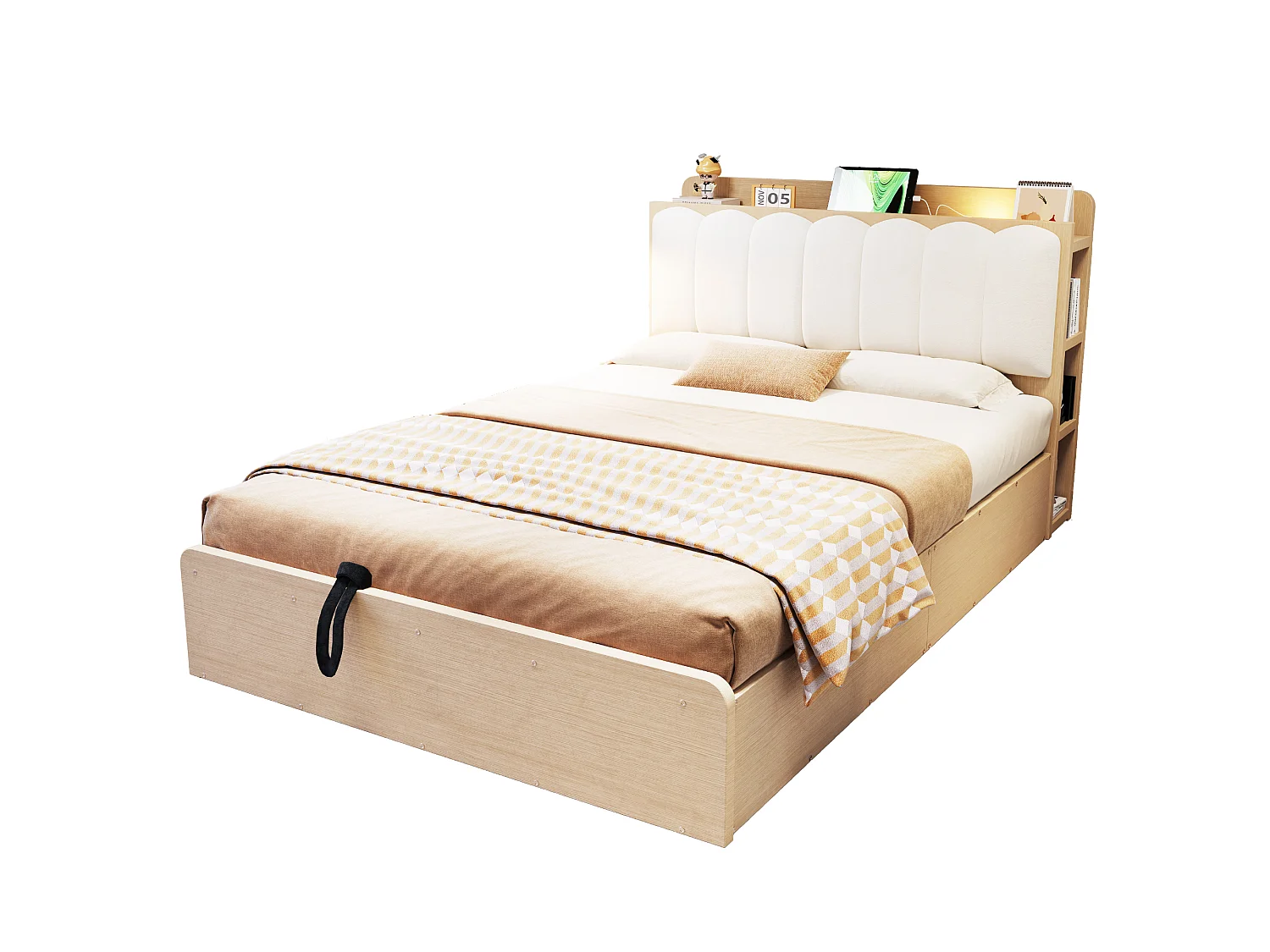Lit coffre 140 x 200 cm avec tête de lit, étagère, ports USB et veilleuse - Bois + MDF + Velours - Bois naturel (Sans matelas)