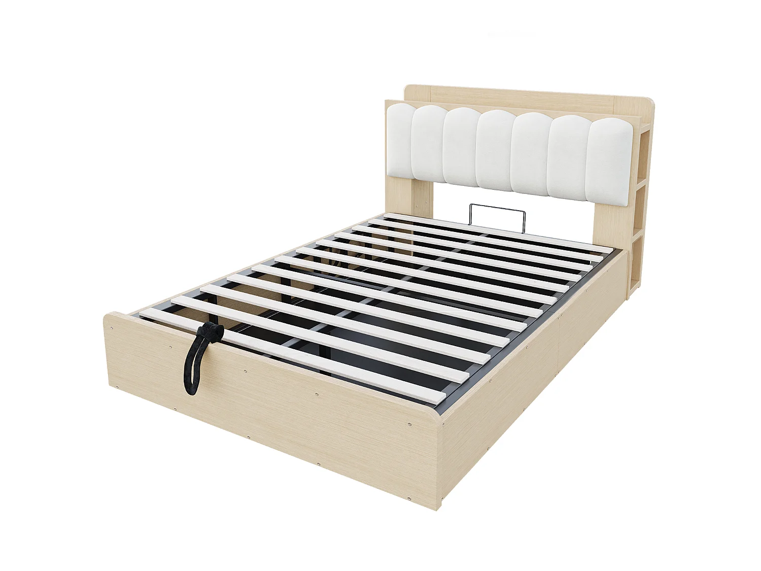 Lit coffre 140 x 200 cm avec tête de lit, étagère, ports USB et veilleuse - Bois + MDF + Velours - Bois naturel (Sans matelas)