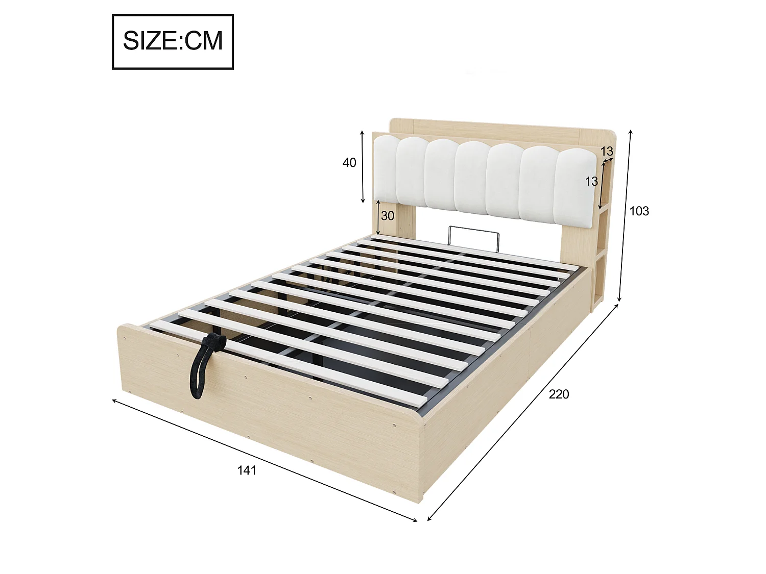Lit coffre 140 x 200 cm avec tête de lit, étagère, ports USB et veilleuse - Bois + MDF + Velours - Bois naturel (Sans matelas)