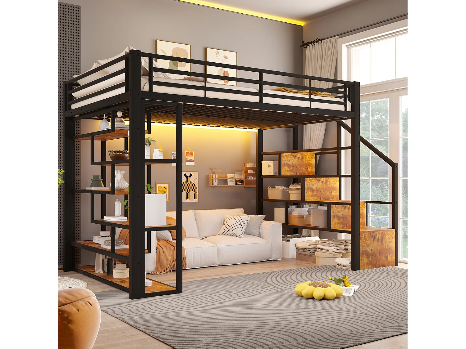 Łóżko piętrowe 140 x 200 cm ze schodkami do przechowywania, otwarte półki pod łóżkiem – Metal i płyta MDF – LED – Czarne (Materac nie jest wliczony w cenę)