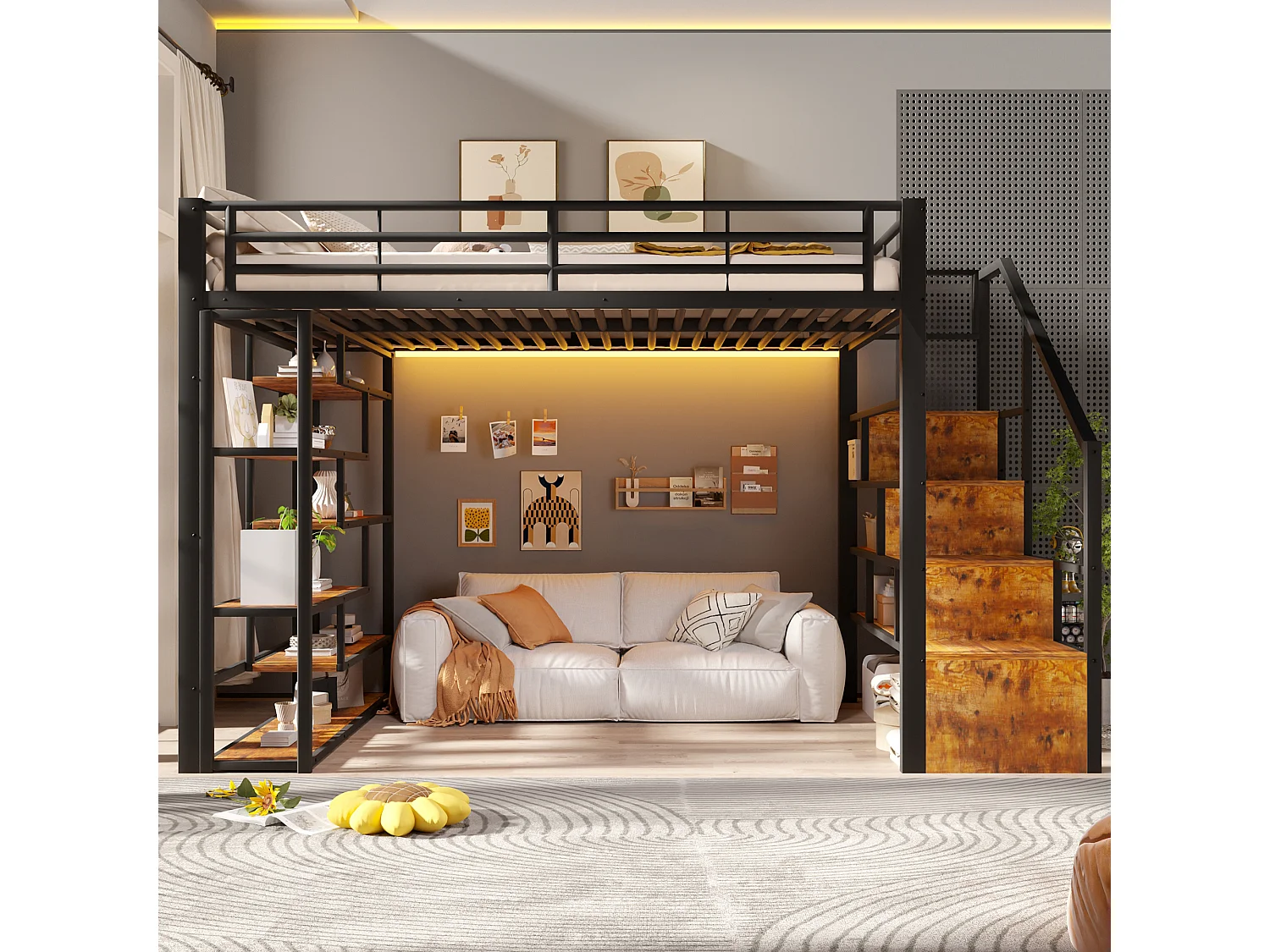 Łóżko piętrowe 140 x 200 cm ze schodkami do przechowywania, otwarte półki pod łóżkiem – Metal i płyta MDF – LED – Czarne (Materac nie jest wliczony w cenę)